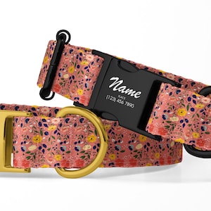 Cottagecore Floral Custom Dog Collar, Personalized Collar, Large Dog Collar, Vintage Flower Print Fabric Collar, Laser Engraved Metal Buckle