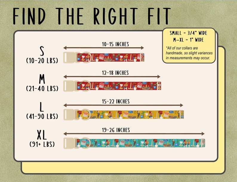 The image is a guide or diagram that provides size recommendations for different collar sizes, ranging from small to large. It includes illustrations of various collar designs and corresponding size indicators.