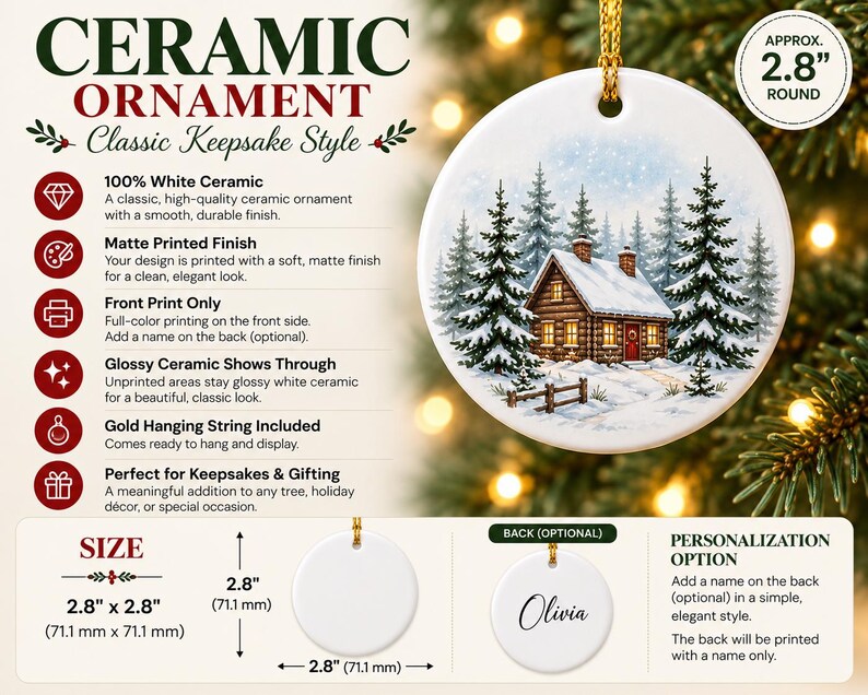 The image is a promotional graphic for ceramic ornaments, featuring a detailed description of the product and its features.