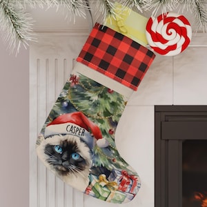 Personalized Birman Cat Christmas Stocking, Custom Pet Holiday Decor, Cat Lover Gift, Cute Santa Hat Cat Stocking w/ Name, Xmas Pet Stocking