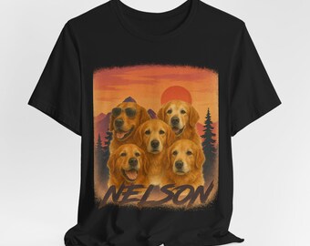 Custom Dog Shirt, Personalized Pet Photo with Name Dog Shirt, Retro Sunset Mountains Vintage 90s Style Gift, Cat or Dog Lovers Graphic Tee