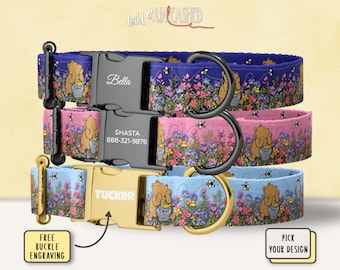 Whimsical Vintage Bear Personalized Dog Collar, Honey Bee Floral Print, Custom Engraved Buckle, Cute Gift for Pet Lover + Optional Leash