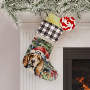 Beagle Personalized Dog Christmas Stocking, Custom Dog Owner Gift, Pet Stockings Christmas Decoration, Dog Lover Gift Plaid Christmas Decor