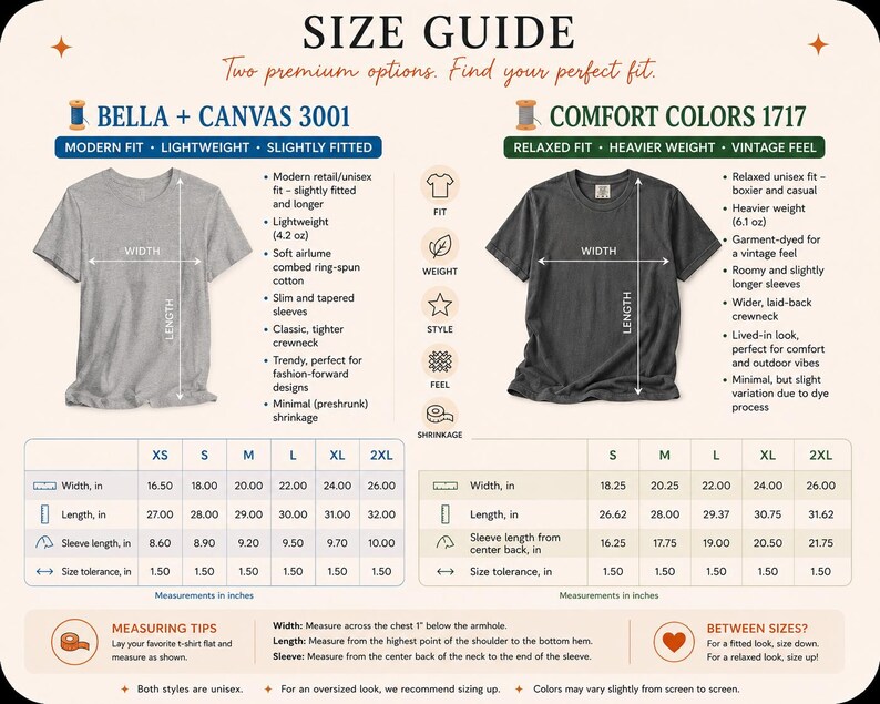 The image is a size guide that provides measurements and fitting options for two different t-shirt styles: Bella + Canvas 3001 and Comfort Colors 1717. The guide offers two premium options for finding the perfect fit, with measurements and fitting tips for each style.
