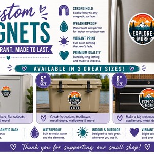 The image is a promotional flyer for custom magnets, featuring various sizes and designs of magnets, including a large magnet and a smaller one. The flyer highlights the durability and versatility of the magnets, as well as their ability to be used on a variety of items such as lockers, file cabinets, and more. The magnets are available in three great sizes and are designed to withstand various weather conditions, making them a practical and stylish addition to any home or office.