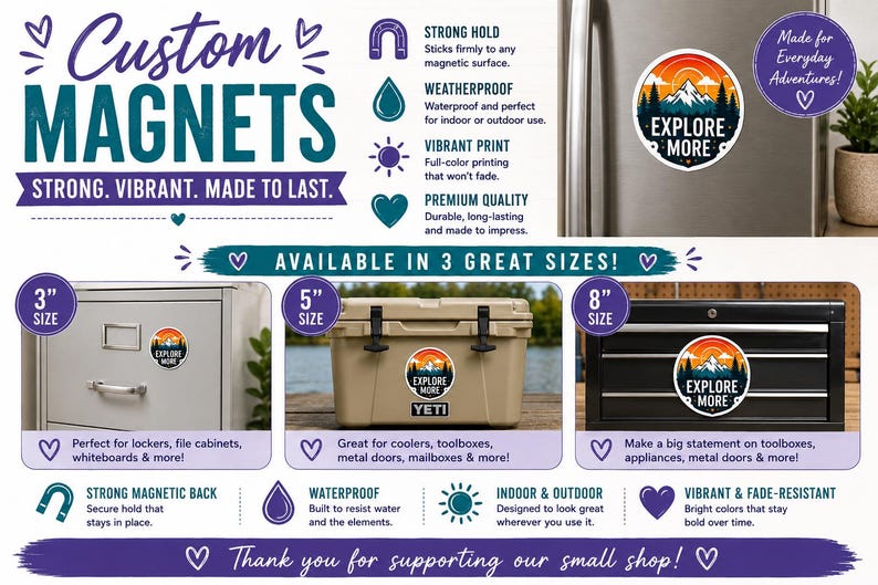 The image is a promotional flyer for custom magnets, featuring various sizes and designs of magnets, including a large magnet and a smaller one. The flyer highlights the durability and versatility of the magnets, as well as their ability to be used on a variety of items such as lockers, file cabinets, and more. The magnets are available in three great sizes and are designed to withstand various weather conditions, making them a practical and stylish addition to any home or office.