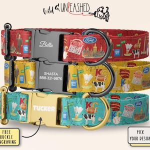 a variety of colorful dog collars with different patterns and designs, including a red collar with a buckle, a black collar with a buckle, and a yellow collar with a buckle. The collars are displayed against a light background, and there are text elements such as a logo, a phone number, and a free buckle engraving option.