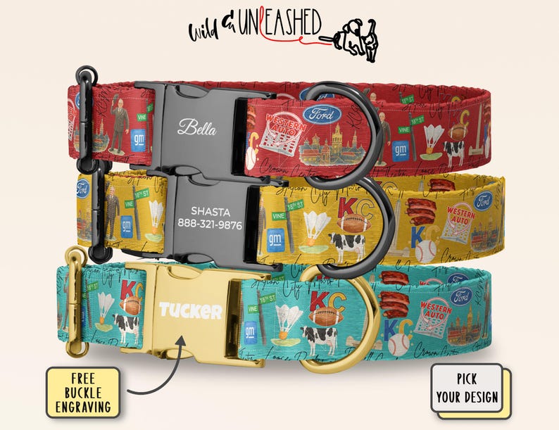 a variety of colorful dog collars with different patterns and designs, including a red collar with a buckle, a black collar with a buckle, and a yellow collar with a buckle. The collars are displayed against a light background, and there are text elements such as a logo, a phone number, and a free buckle engraving option.