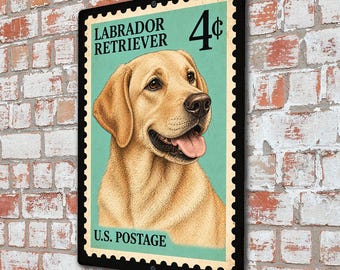 Labrador Retriever Vintage Postage Stamp Sign, 4 Cent Dog Breed Wall Art, Retro Yellow Lab Decor, Pet Lover Gift