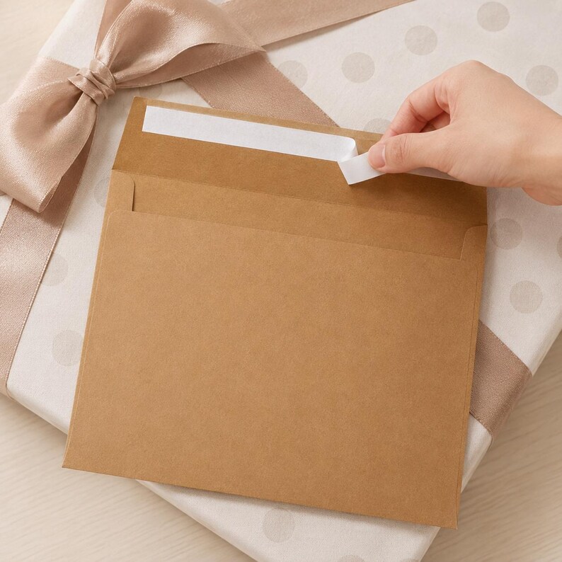 A hand is placing a white sticker on a brown envelope, which is placed on top of a gift box with a bow.