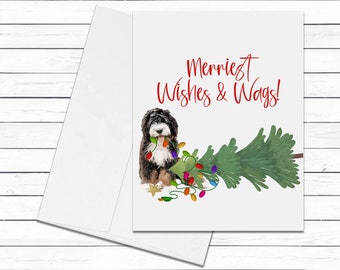 Bernedoodle Card, Merriest Wishes & Wags, Christmas Card, Dog Greeting Cards, Holiday Card, Blank Cards With Envelopes, Blank Greeting Cards