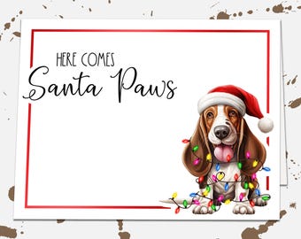 Here Comes Santa Paws Basset Hound Dog Christmas Card, Blank Card, Happy Holiday Cards Set, Christmas Stationery, Funny Dog Owner Xmas Card