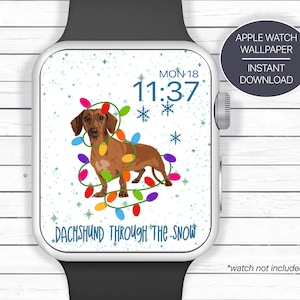 Teckel door de sneeuw, slimme wijzerplaat, hondenbehang downloaden, smartwatchcover, wallpaper digitaal horloge, smartwatch kerstcadeaus