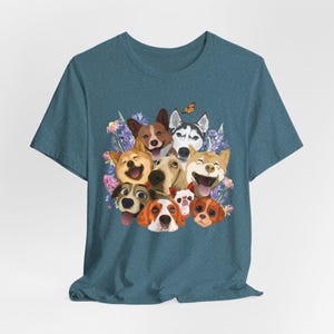 Happy Dog Faces T-Shirt, Cute Dog Selfie Shirt with Flowers, Smiling Dogs Graphic Tee, Dog Lover Gift for Women, Funny Pet Shirt for Spring