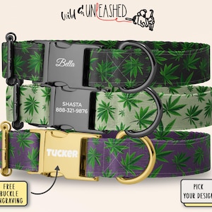 May include: Three dog collars with a cannabis leaf pattern in black, light green, and purple. Each collar has a metal buckle with a name engraved. The top collar has a black buckle, the middle has a silver buckle, and the bottom has a gold buckle.
