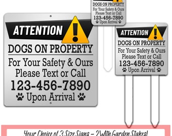 Attention Dogs On Property Sign, Beware of Dog Sign, Delivery Driver Safety Sign, Personalized Yard Sign, Dog Owner Custom Metal Sign