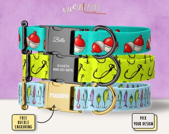 Fishing Personalized Dog Collar, Bobbers, Fisherman Hooks Fish Lures Fabric, Custom Engraved Buckle, Outdoorsy Dog Dad Gift + Optional Leash