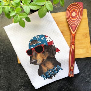 Dachshund Dish Towel, Doxie Patriotic Summer Tea Towel, Kitchen Towel Farmhouse Decor, Camping Decor House Warming Gift, Summer Dog Mom Gift
