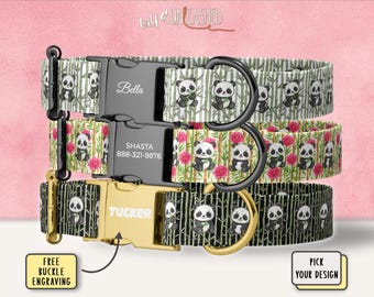 May include: Three dog collars with panda bear patterns. The top collar has a bamboo design, the middle one has pink roses, and the bottom one has a black bamboo design. Each collar has a metal buckle with a name engraved on it.