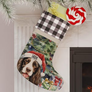 Spaniel Personalized Dog Christmas Stocking, Custom Dog Owner Gift Pet Stocking Christmas Decoration, Xmas Dog Lover Plaid Christmas Holiday