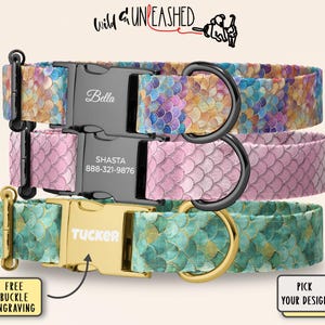 May include: Three dog collars with personalized buckles. The top collar has a colorful scale pattern, the middle is pink, and the bottom is teal with a gold buckle. The buckles are engraved with names and phone numbers. The image includes text that says "Free Buckle Engraving" and "Pick Your Design."