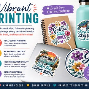 The image is an advertisement for vibrant printing, showcasing various designs and products such as stickers, a notebook, and a water bottle.