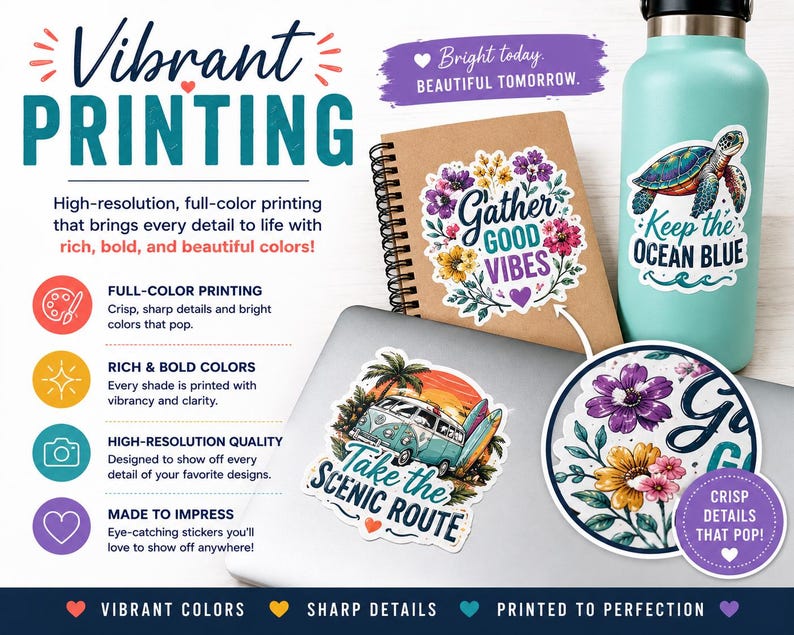 The image is an advertisement for vibrant printing, showcasing various designs and products such as stickers, a notebook, and a water bottle.
