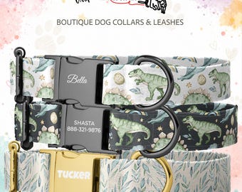 Dinosaur Personalized Dog Collar, Engraved Buckle Pet Collar, Watercolor Dino Print, Custom Name Collar, Gift for Dog Lovers