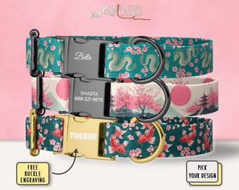 Japanese Sakura Personalized Dog Collar, Pink Cherry Blossom Dragon, Koi Fish or Mountain Print, Engraved Buckle + Optional Leash — Dog Mom