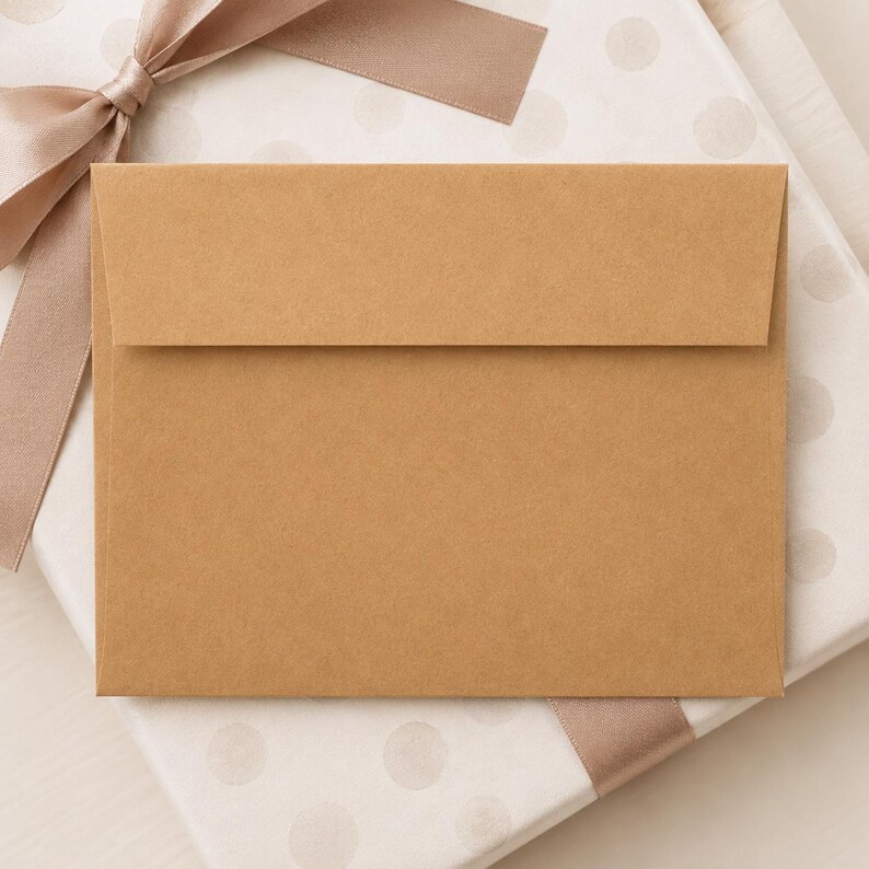 A brown envelope is placed on top of a white polka dot background, with a pink ribbon tied around it.