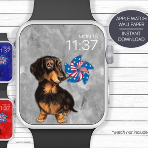 Regalo bassotto, quadrante smartwatch, cane bassotto, download smartwatch Doxie Mom, sfondo digitale, sfondo patriottico con bandiera USA rossa, bianca e blu