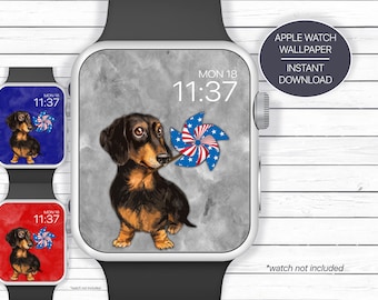 May include: Apple Watch face design featuring a dachshund puppy with a red, white, and blue pinwheel in its mouth. The background is a gray, textured design. The time is displayed as 11:37.
