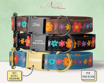 Retro Flower Dog Collar, Personalized Pet Collar w/ Custom Laser Engraved Metal Buckle, Optional Matching Leash, 70s Style Dog Gift for Mom