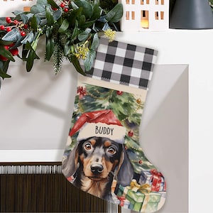 Dachshund Personalized Dog Christmas Stocking, Custom Dog Owner Gift, Dog Mom Pet Stocking, Doxie Mama Dad, Dog Lover Plaid Christmas Decor