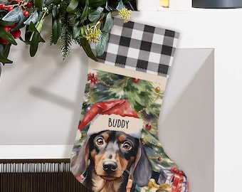 Dachshund Personalized Dog Christmas Stocking, Custom Dog Owner Gift, Dog Mom Pet Stocking, Doxie Mama Dad, Dog Lover Plaid Christmas Decor