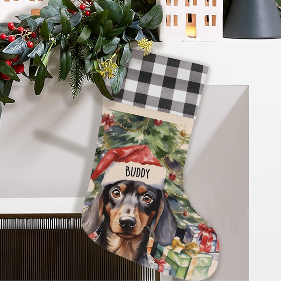 Calze Natalizie Personalizzate Per Gatti E Cani - Decorazioni In Tessuto Quadrettato Rosso E Lino Con Babbo Natale, Renna, Pupazzo Di Neve E Gnomo - Sacchetti Regalo Da Appendere Al Camino - 3
