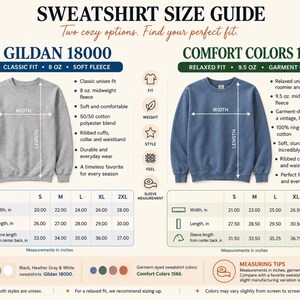 The image is a size guide for two different styles of GILDA 1800 sweatshirts, providing measurements and details about the different sizes and fits.