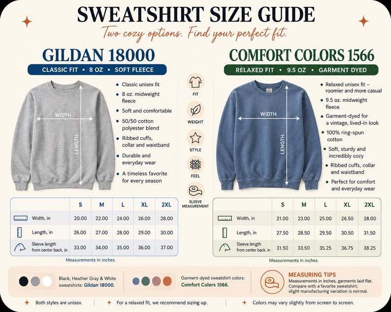 The image is a size guide for two different styles of GILDA 1800 sweatshirts, providing measurements and details about the different sizes and fits.