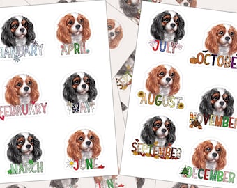 Cavalier Spaniel Small Dog Sticker Sheet, King Charles Puppy Design (Months of the Year, Planner Functional, Vinyl Waterproof)
