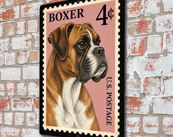 Boxer Vintage Postage Stamp Sign, 4 Cent Dog Breed Wall Art, Retro Boxer Decor, Pet Lover Gift