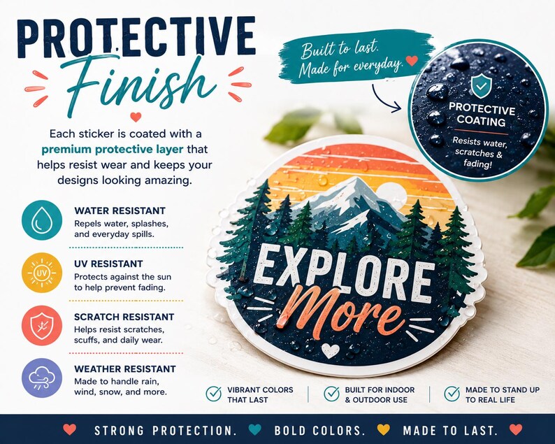 The image is an advertisement for a protective finish product. It features a sticker with a mountain landscape and the words "Explore More" written on it. The sticker is described as having a premium protective layer that helps resist wear and keeps designs looking amazing. The product is also highlighted for its water, UV, scratch, and weather resistance, as well as its vibrant colors and durability. The ad emphasizes that the product is built to last and can be used indoors and outdoors.