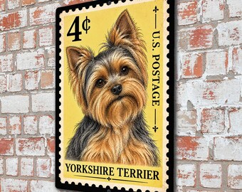 Yorkshire Terrier Vintage Postage Stamp Sign, 4 Cent Dog Breed Wall Art, Retro Yorkie Decor, Small Pet Lover Gift