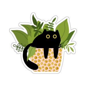 May include: A sticker featuring a black cat with wide yellow eyes sitting inside a light pink flower pot decorated with gold polka dots. The cat is surrounded by various green leafy plants that extend behind and around the pot's edges.