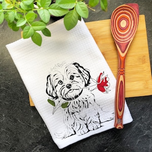 Havanese Dog & Rose Tea Towel, Kitchen Decor, Dish Towels, Funny Kitchen Towel, Waffle Weave Towel, Gift for Havanese Mom, Havanese Lover