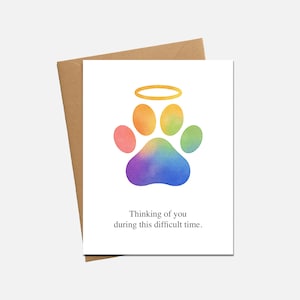 Rainbow Pawprint Dog Sympathy Card, Pet Loss Gift, Thinking of You Card, Pet Bereavement, Pet Condolence, Dog Memorial Keepsake, Angel Halo