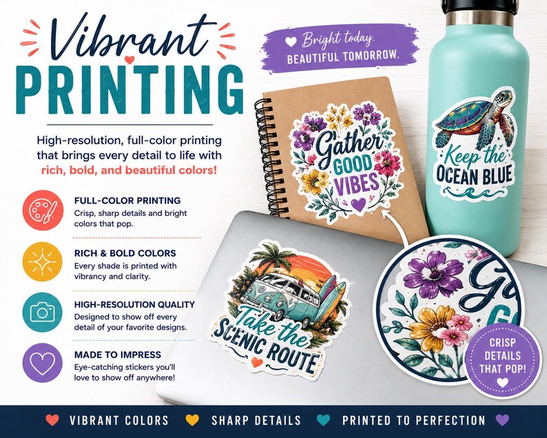 The image is an advertisement for vibrant printing, showcasing various designs and products such as stickers, a notebook, and a water bottle.
