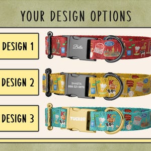 three colorful dog collars with different designs, each with a unique pattern and color scheme.