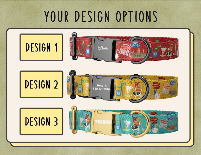 three colorful dog collars with different designs, each with a unique pattern and color scheme.