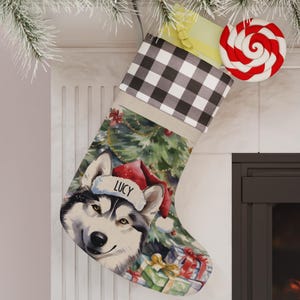 Siberian Husky Personalized Dog Christmas Stocking, Custom Dog Owner Gift Pet Stocking Christmas Decoration, Dog Lover Plaid Christmas Decor