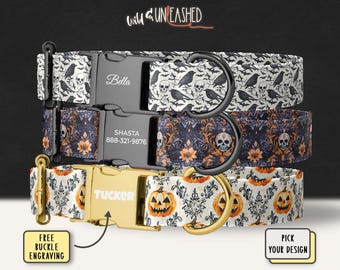 Gothic Halloween Dog Collar, Personalized Pet Collar with Skull, Raven, Pumpkin Prints, Free Engraved Buckle, Handmade Spooky Fall Dog Gift